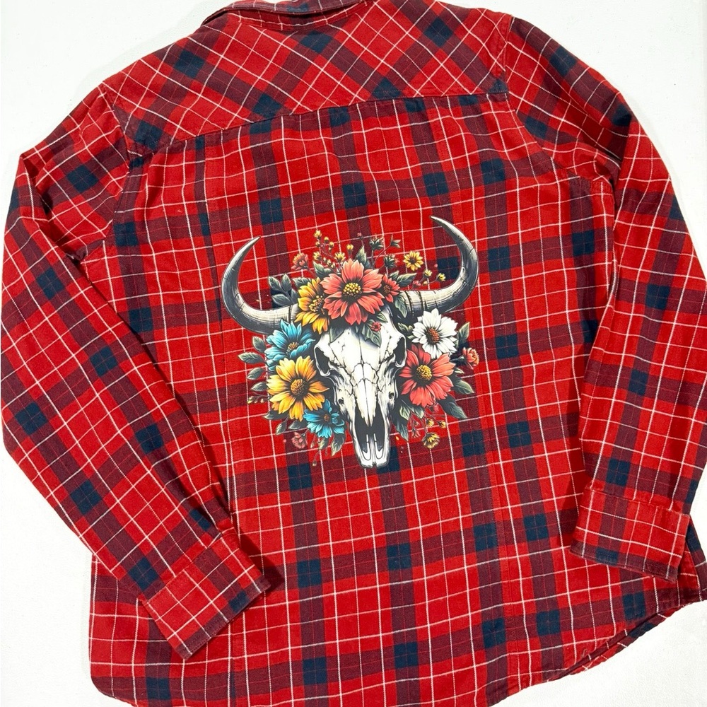 Unisex Red Plaid Button Down Shirt with Floral Skull Design